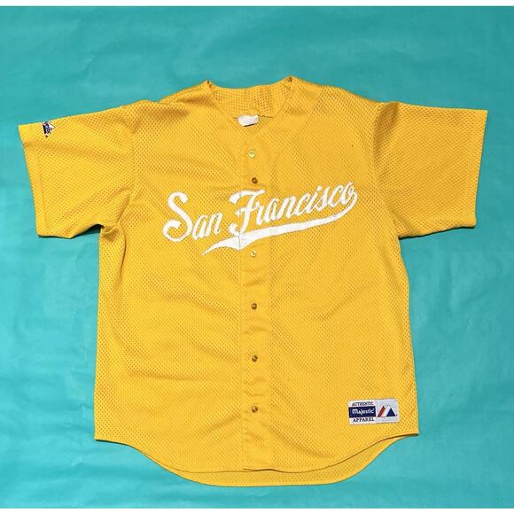 San Francisco Giants Jersey Vtg Majestic Script Yellow L MLB Baseball - Picture 1 of 5